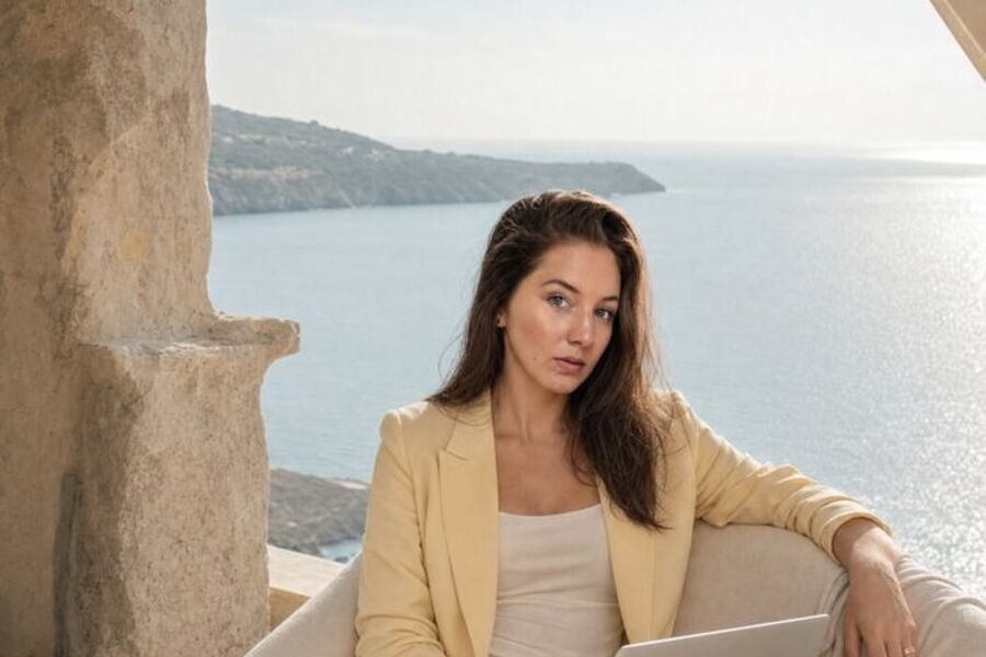 Sarah Bakker mit Laptop auf einer Terrasse &uuml;ber dem Meer