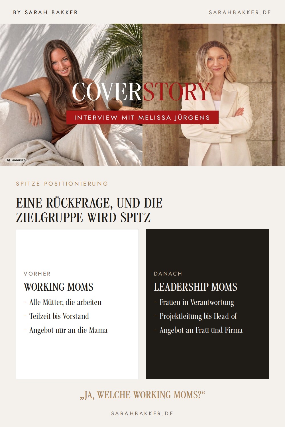 Working Moms gegen&uuml;ber Leadership Moms, eine R&uuml;ckfrage macht die Zielgruppe spitz. Grafik von Sarah Bakker