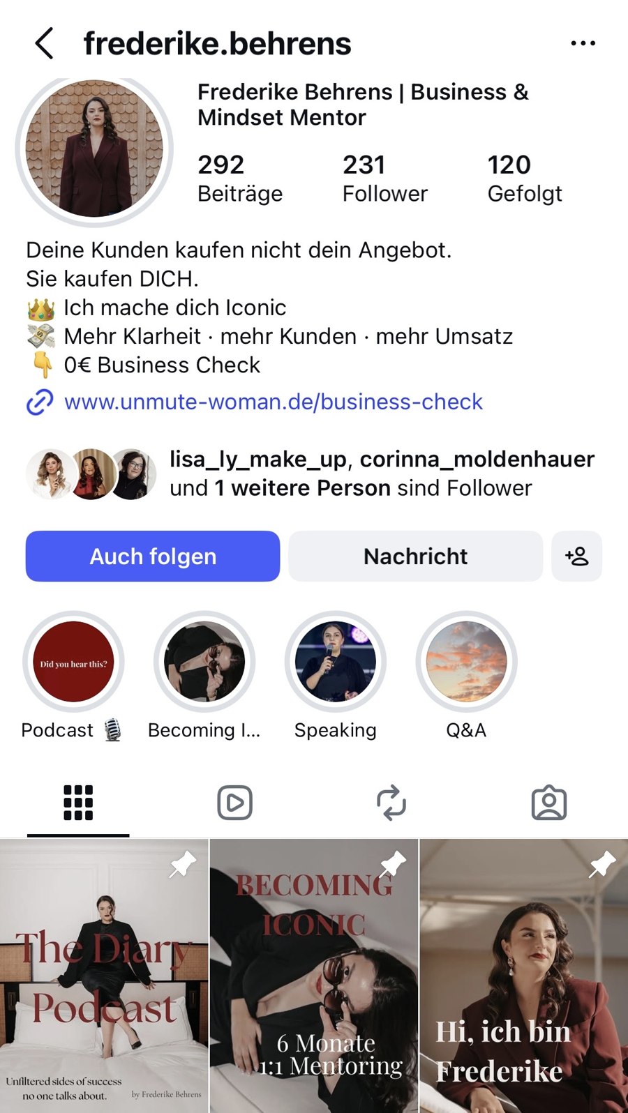 Instagram Profil von Frederike Behrens · Business und Mindset Mentor