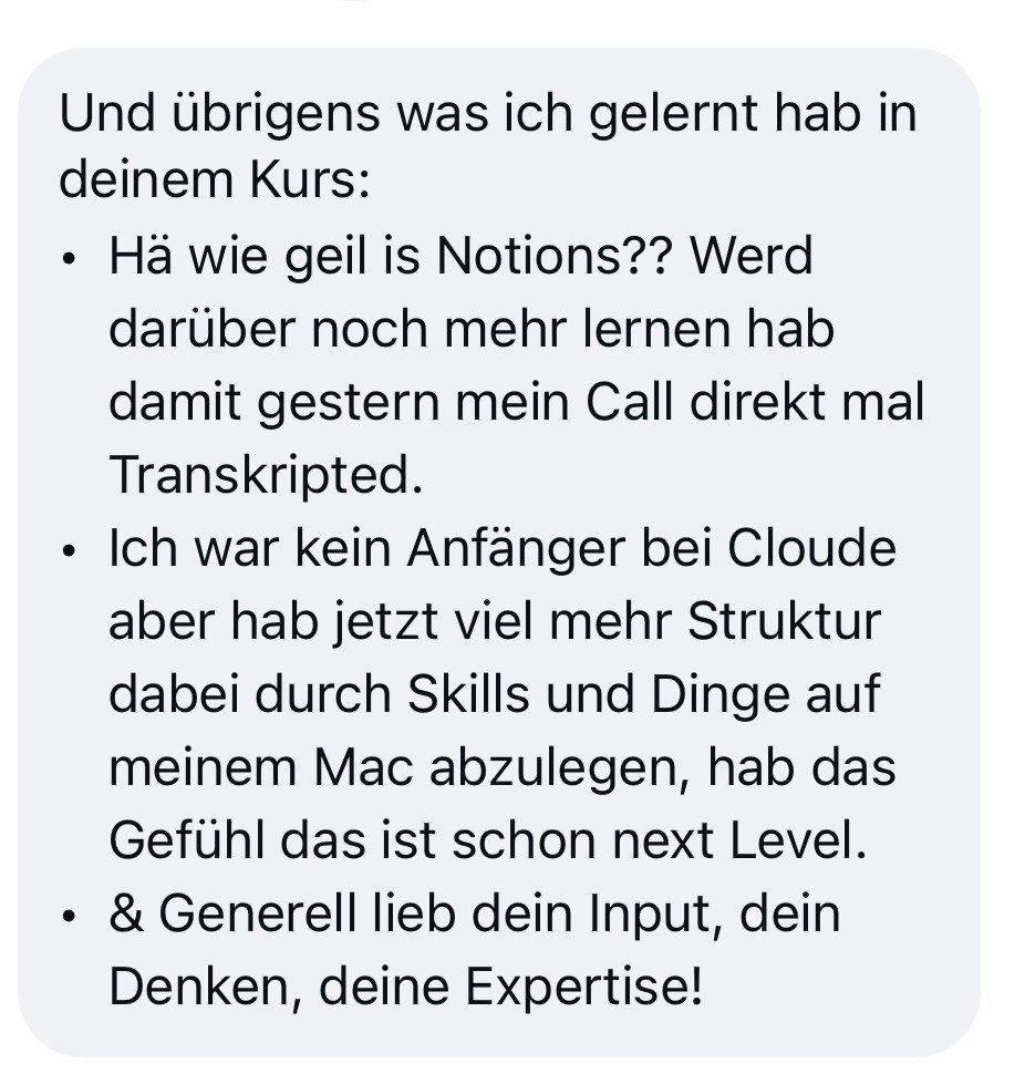 Nachricht: Was ich in deinem Kurs gelernt habe, Struktur durch Skills, das ist schon next Level