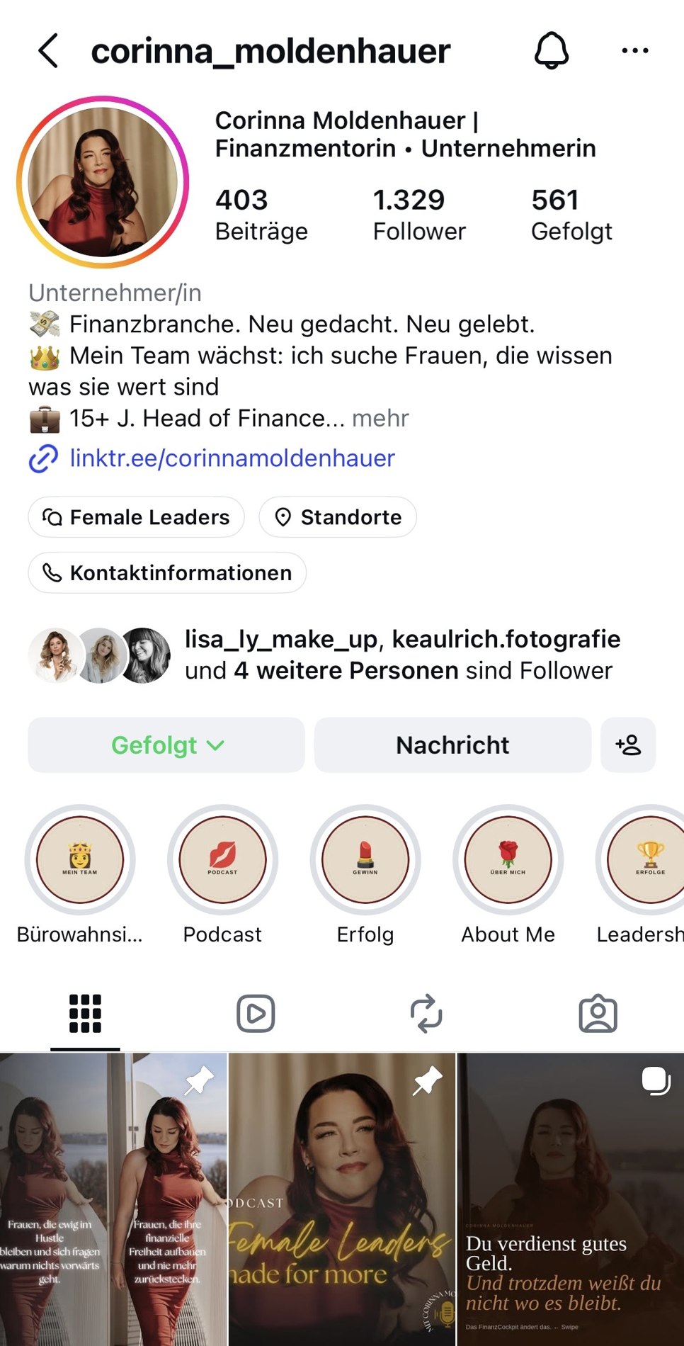 Instagram Profil von Corinna Moldenhauer · Finanzmentorin und Unternehmerin
