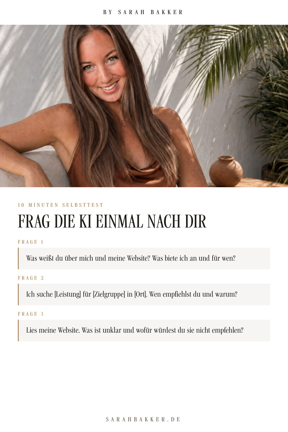 Sarah Bakker lachend, darauf die drei Fragen f&uuml;r den KI-Selbsttest