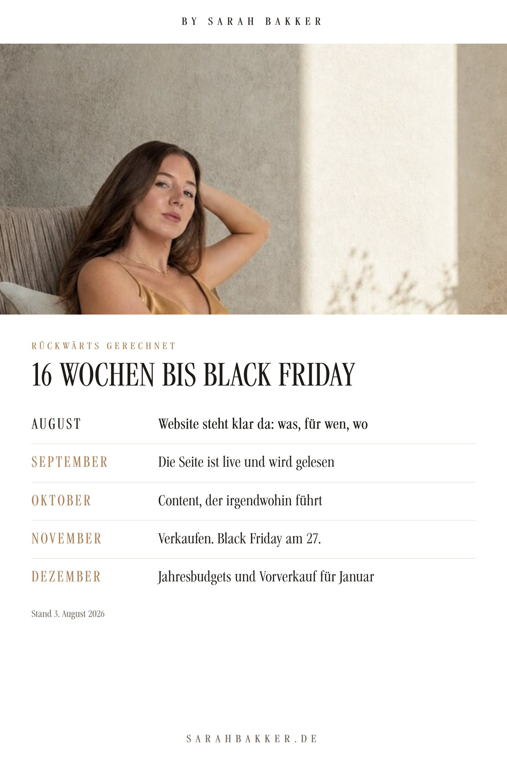 Sarah Bakker, darauf der Q4-Zeitplan von August bis Dezember