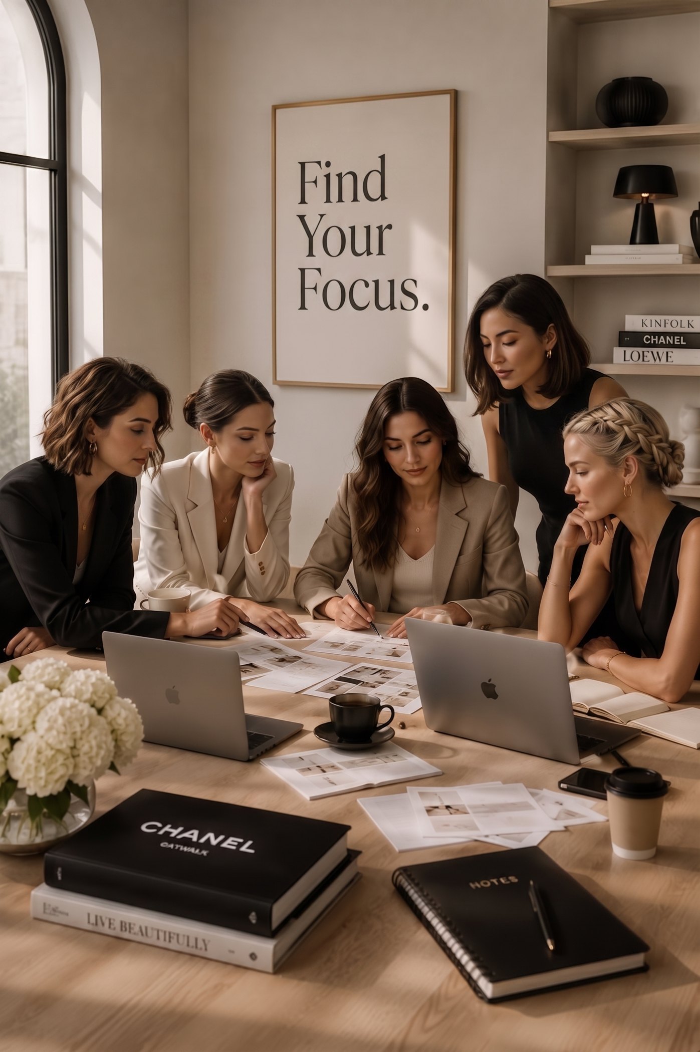 Visionsbild, mit KI entworfen: f&uuml;nf Frauen arbeiten gemeinsam am Tisch, an der Wand das Bild Find Your Focus