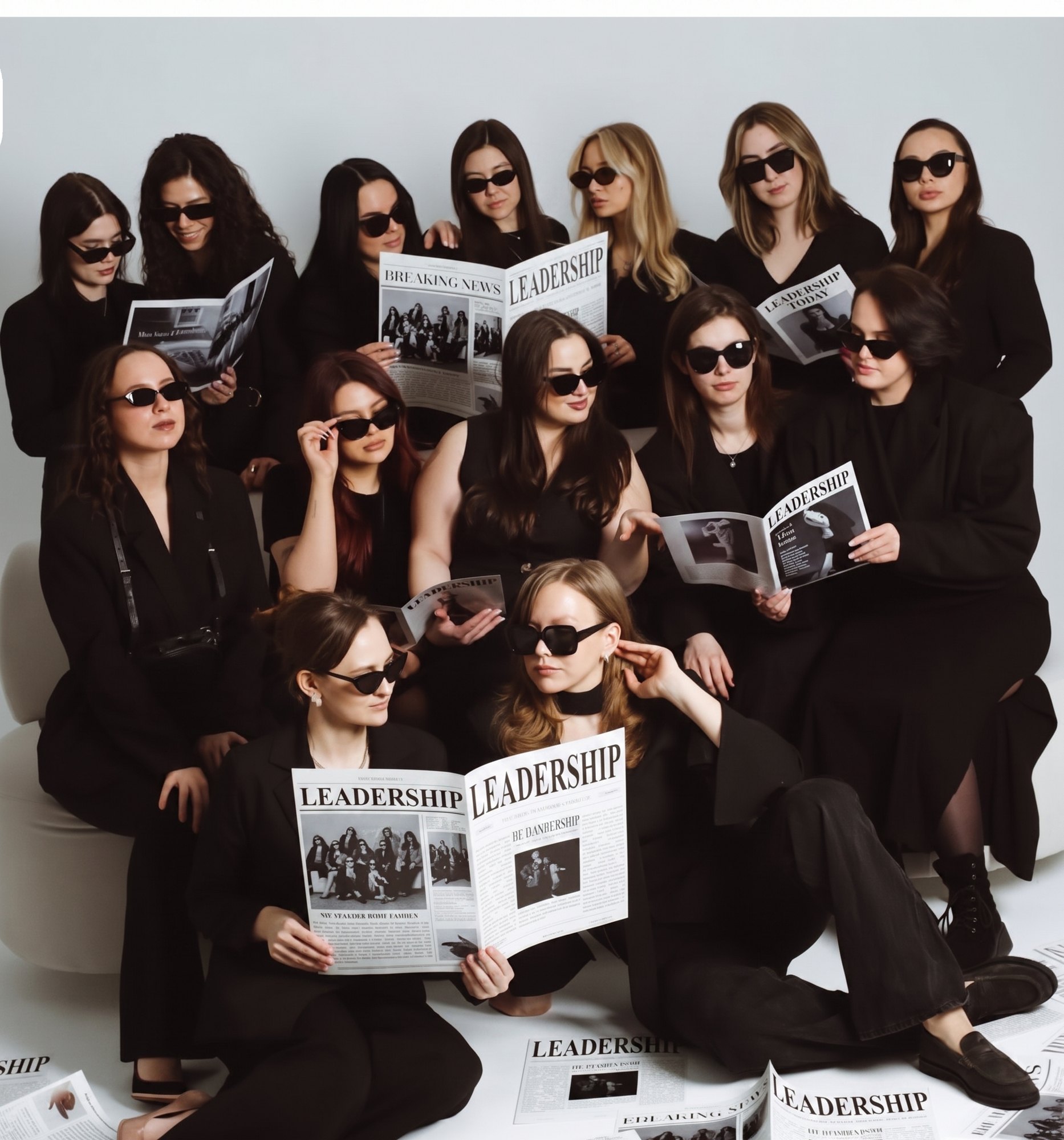 Visionsbild, mit KI entworfen: ein Team in Schwarz mit Sonnenbrillen liest die Zeitung LEADERSHIP