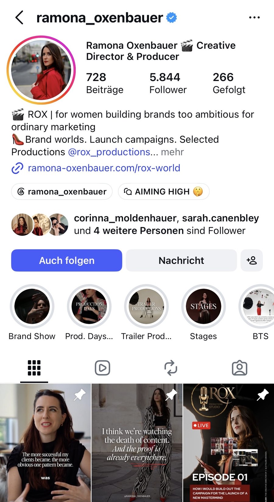 Instagram Profil von Ramona Oxenbauer · Creative Director und Producer
