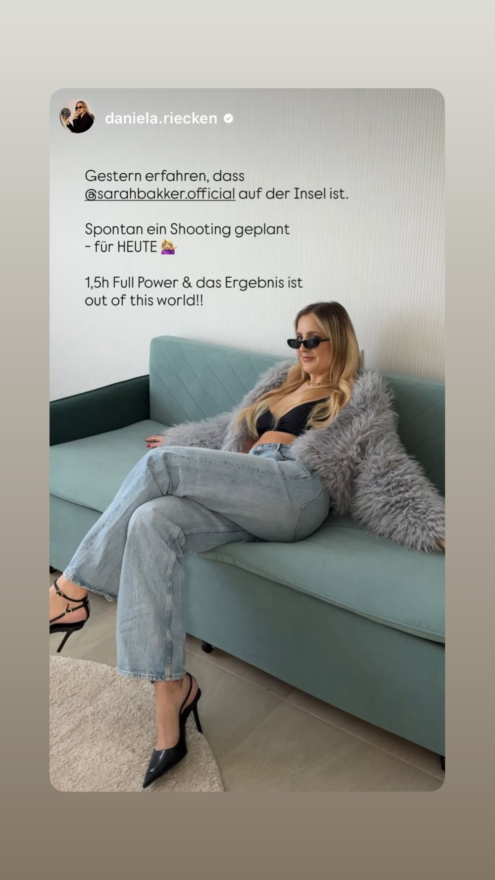 Instagram Story von Daniela Riecken · Gestern erfahren, dass Sarah Bakker auf der Insel ist. Spontan ein Shooting geplant, 1,5h Full Power