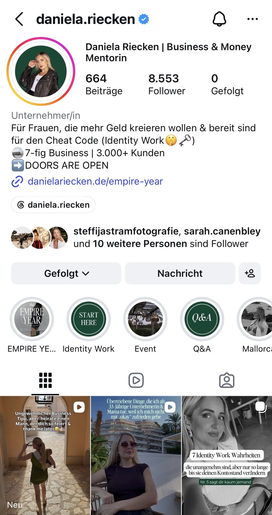 Instagram Profil von Daniela Riecken · Business und Money Mentorin