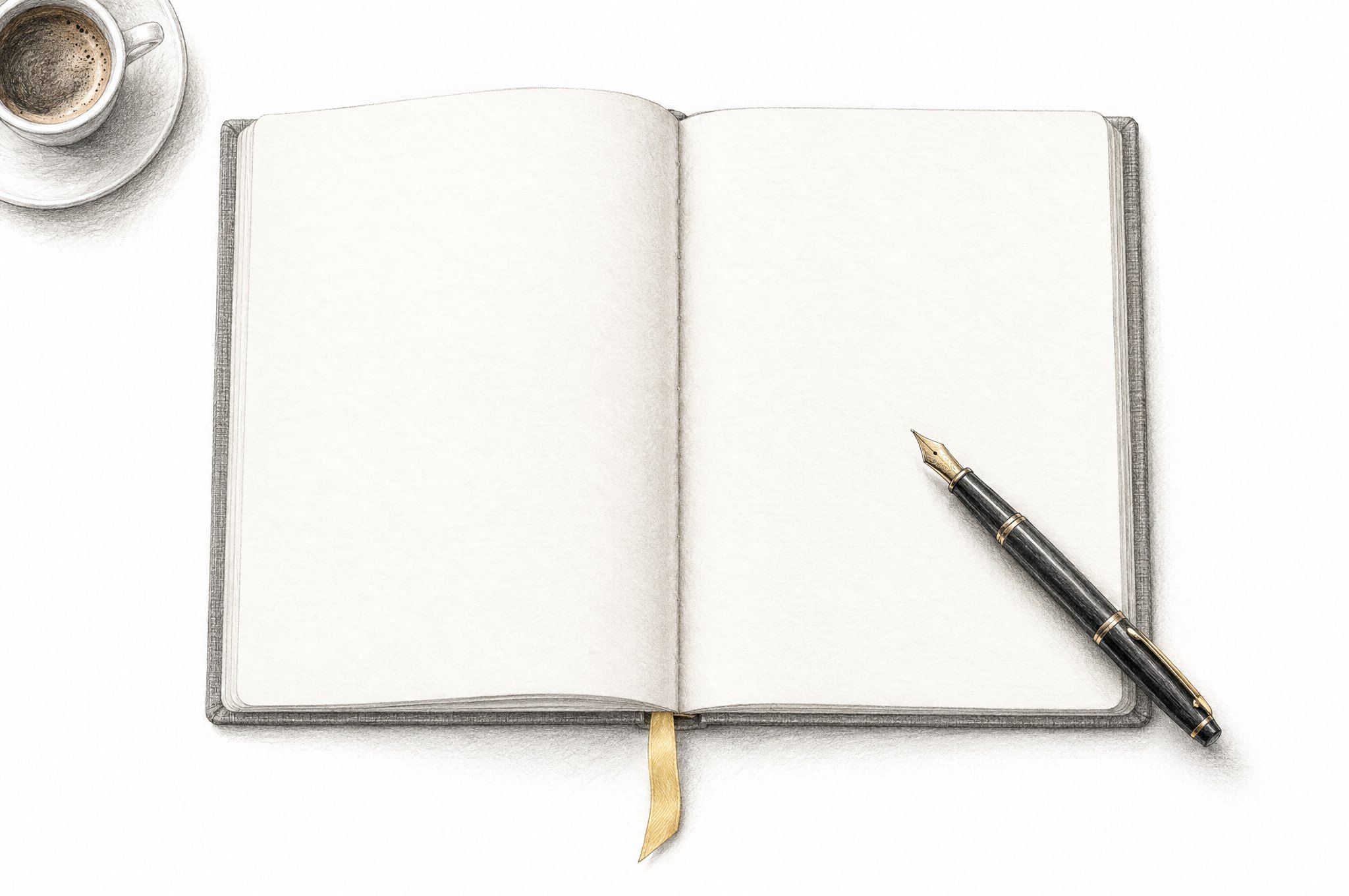 Ein aufgeschlagenes Journal, daneben ein Füller und ein Espresso