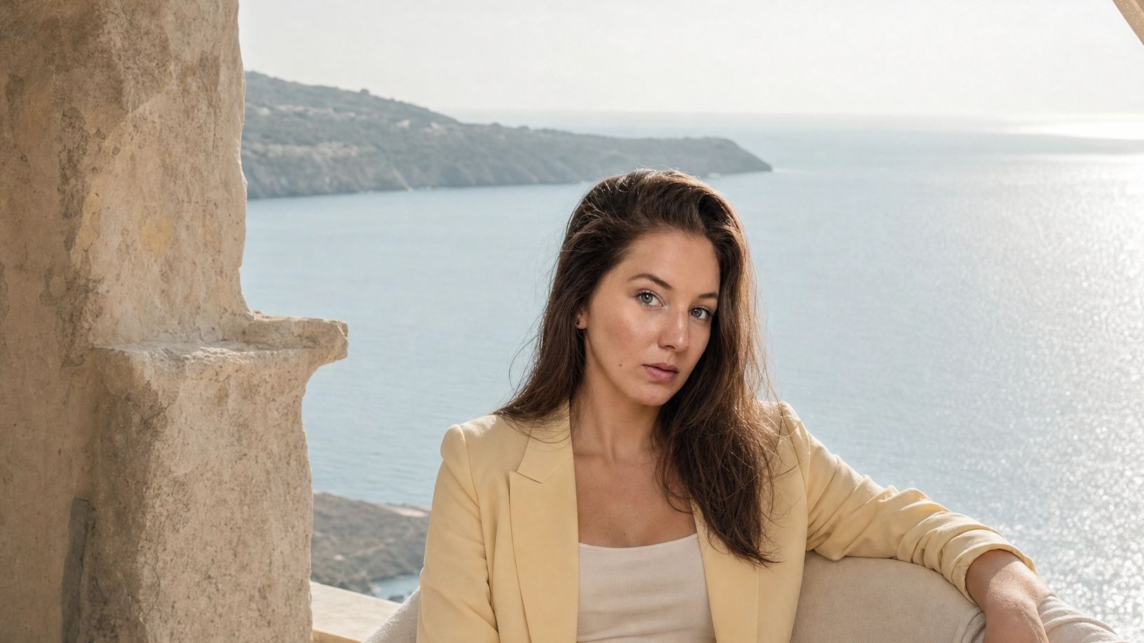 Sarah Bakker arbeitet am Laptop mit Blick aufs Meer