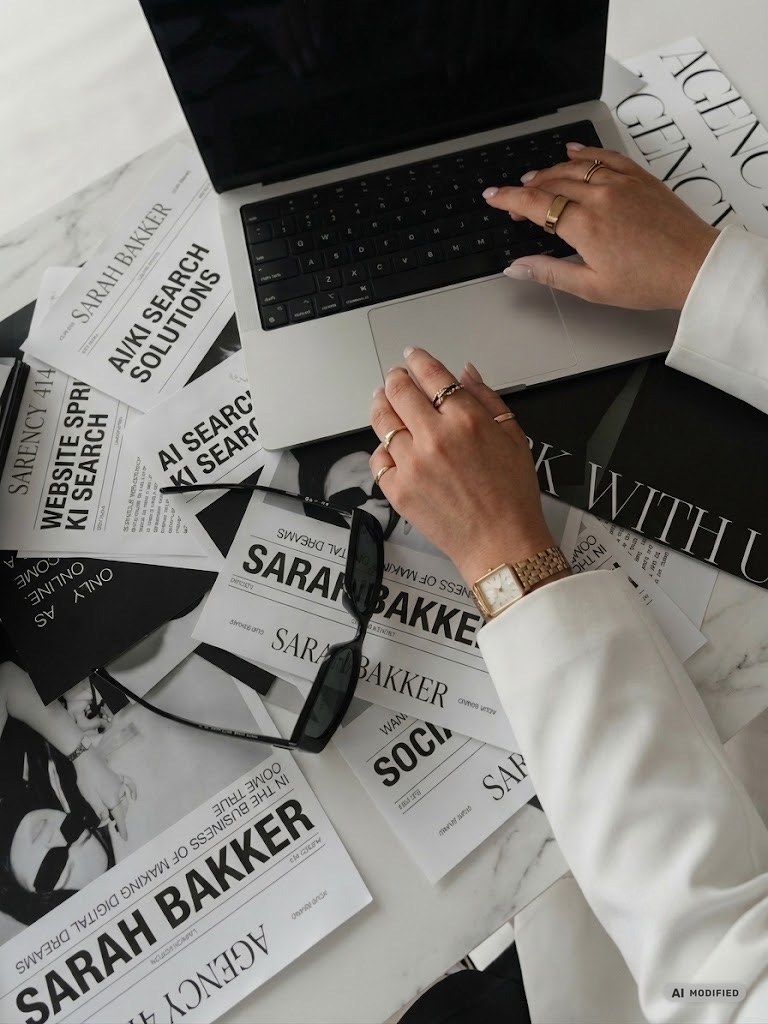 H&auml;nde am Laptop, darum ausgebreitet die gedruckten Seiten des Claude Brand Guide