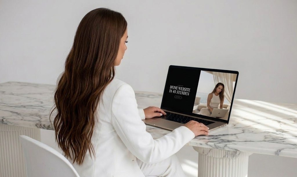 Sarah Bakker am Marmortisch, auf dem Laptop ihre Website