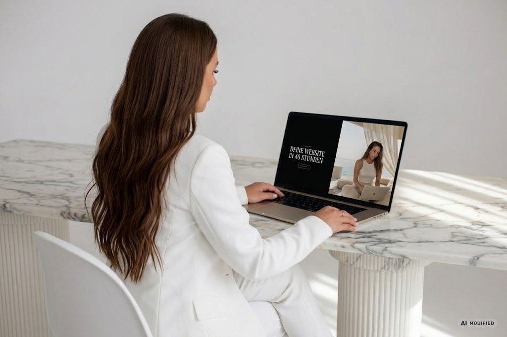 Sarah Bakker am Marmortisch, auf dem Laptop ihre Website Deine Website in 48 Stunden