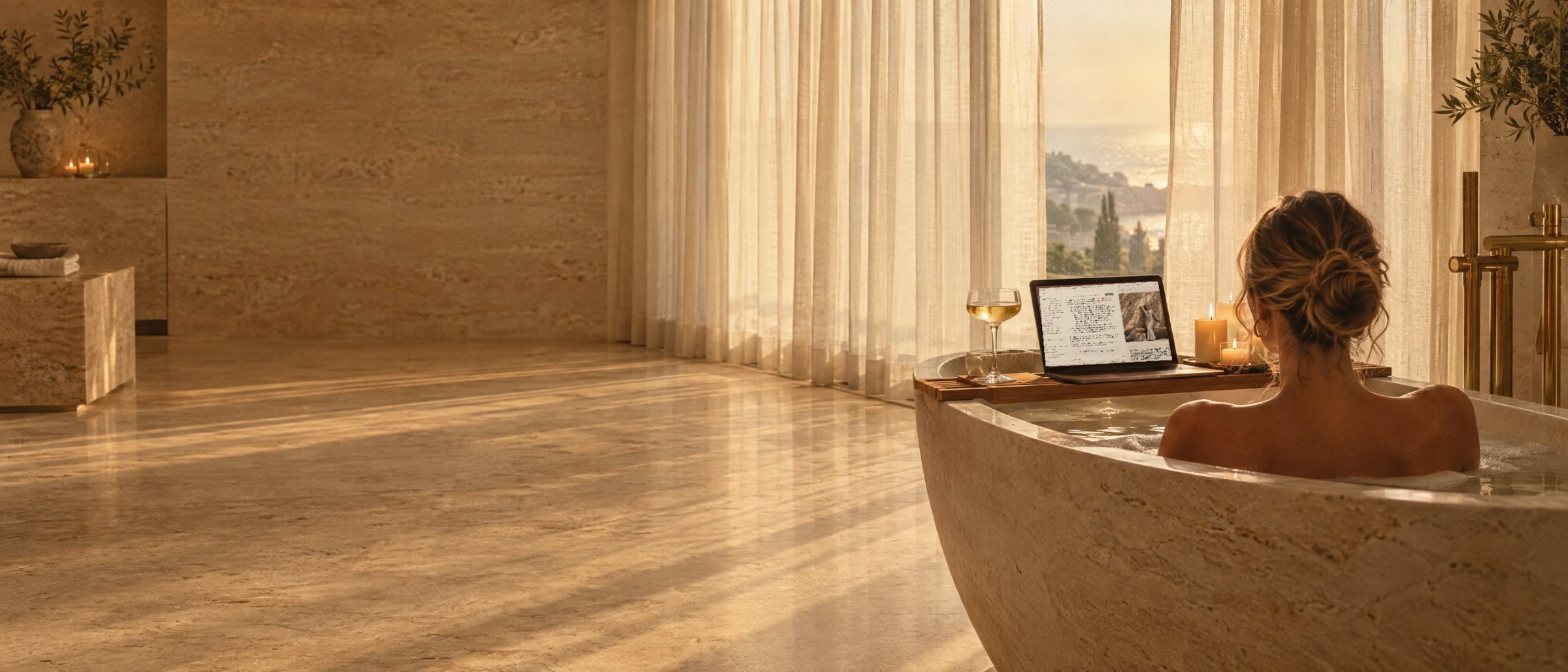 Frau im Bad eines Luxushotels, auf dem Badewannentablett läuft Claude am Laptop