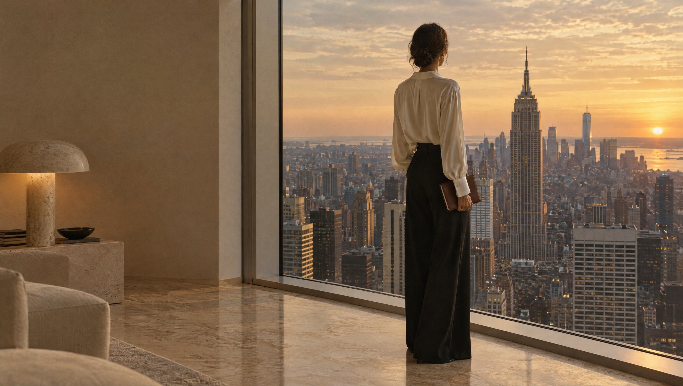 Frau in weißer Bluse blickt aus einem Penthouse auf die Skyline von Manhattan