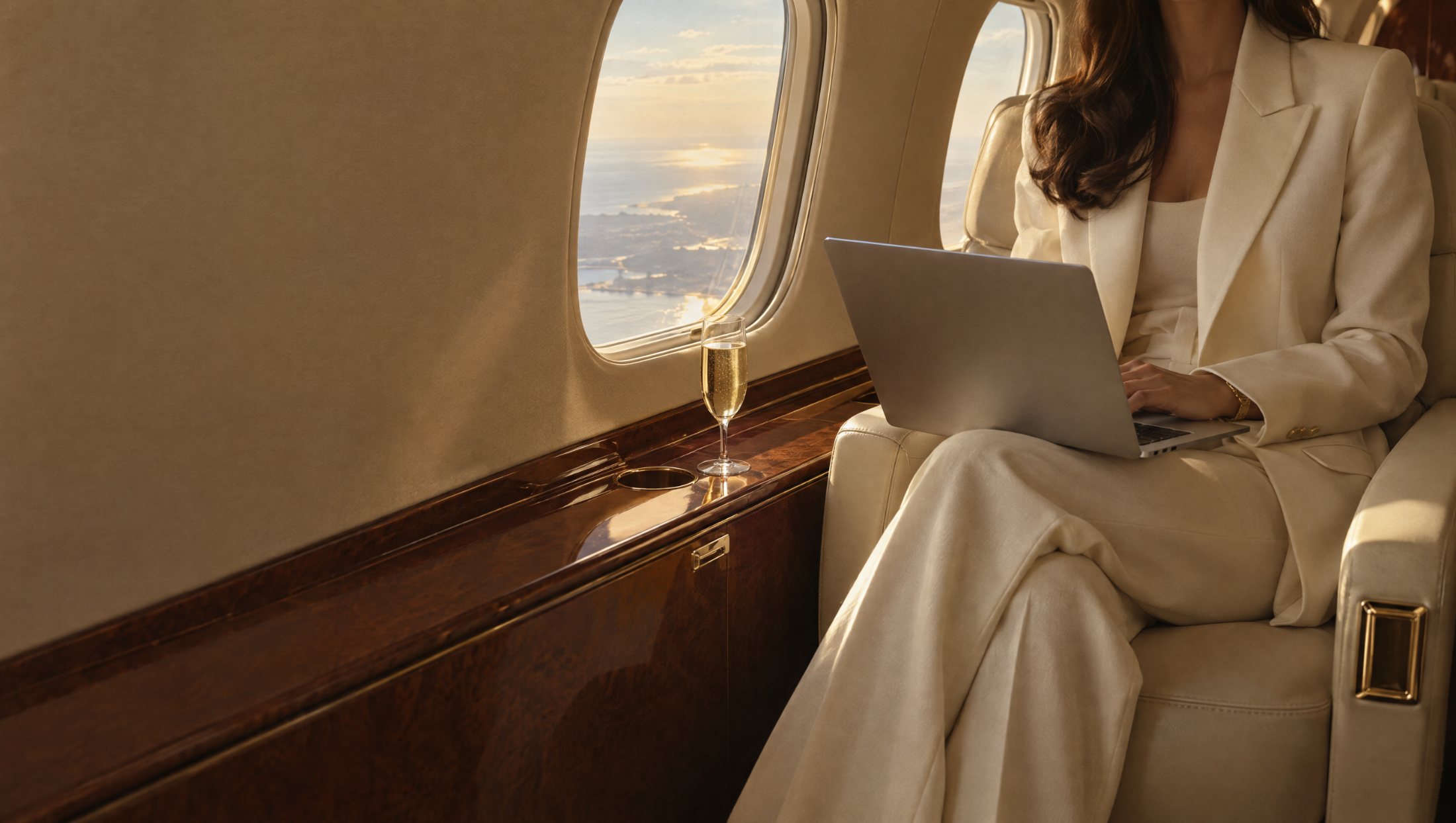 Frau im hellen Anzug arbeitet im Privatjet am Laptop