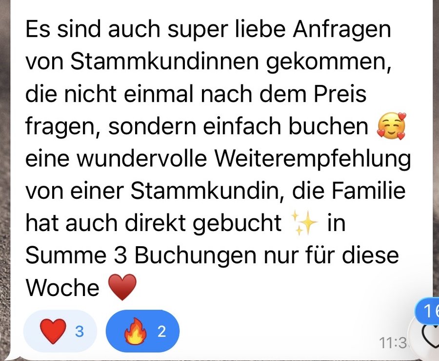 Kundinnennachricht: Anfragen von Stammkundinnen, drei Buchungen in einer Woche