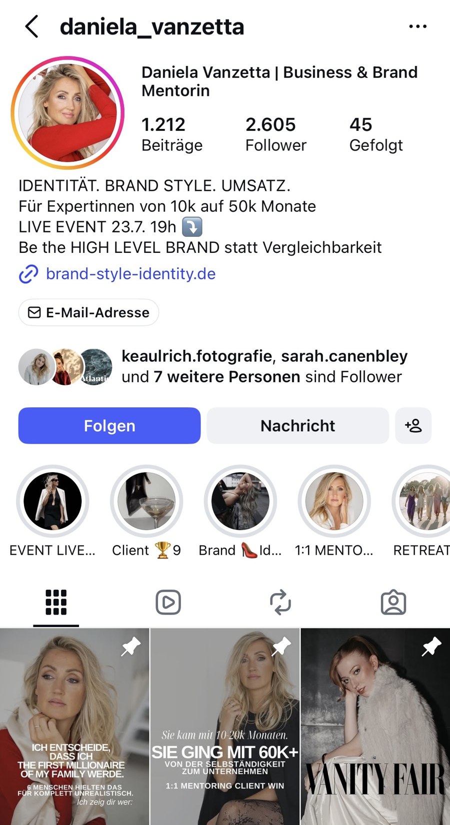 Instagram Profil von Daniela Vanzetta · Business und Brand Mentorin