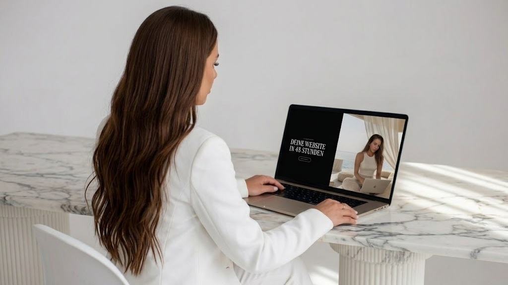Sarah Bakker baut am Laptop ihre Website mit Claude