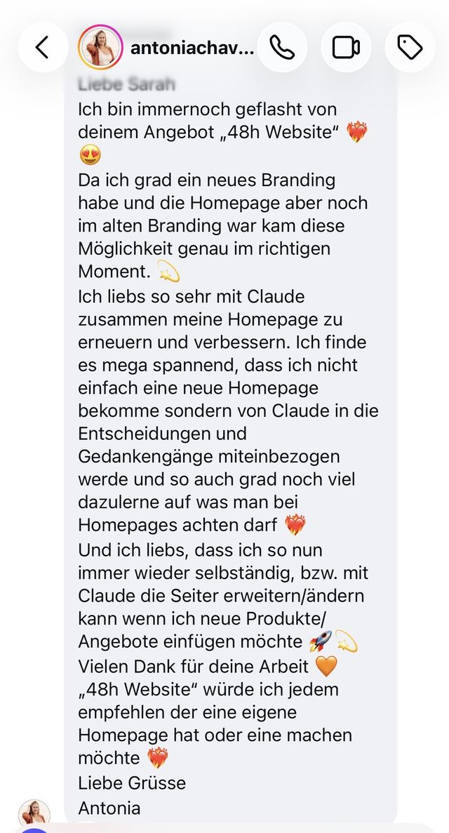 Nachricht von Antonia: Ich bin immernoch geflasht von deinem Angebot 48h Website