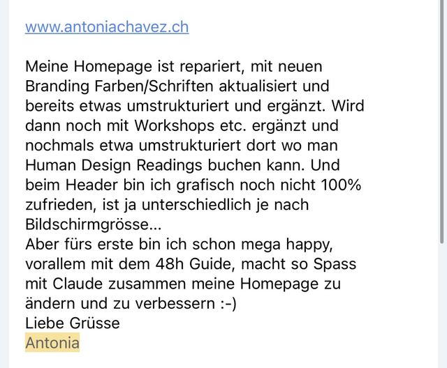 Nachricht von Antonia: Meine Homepage ist repariert, mega happy